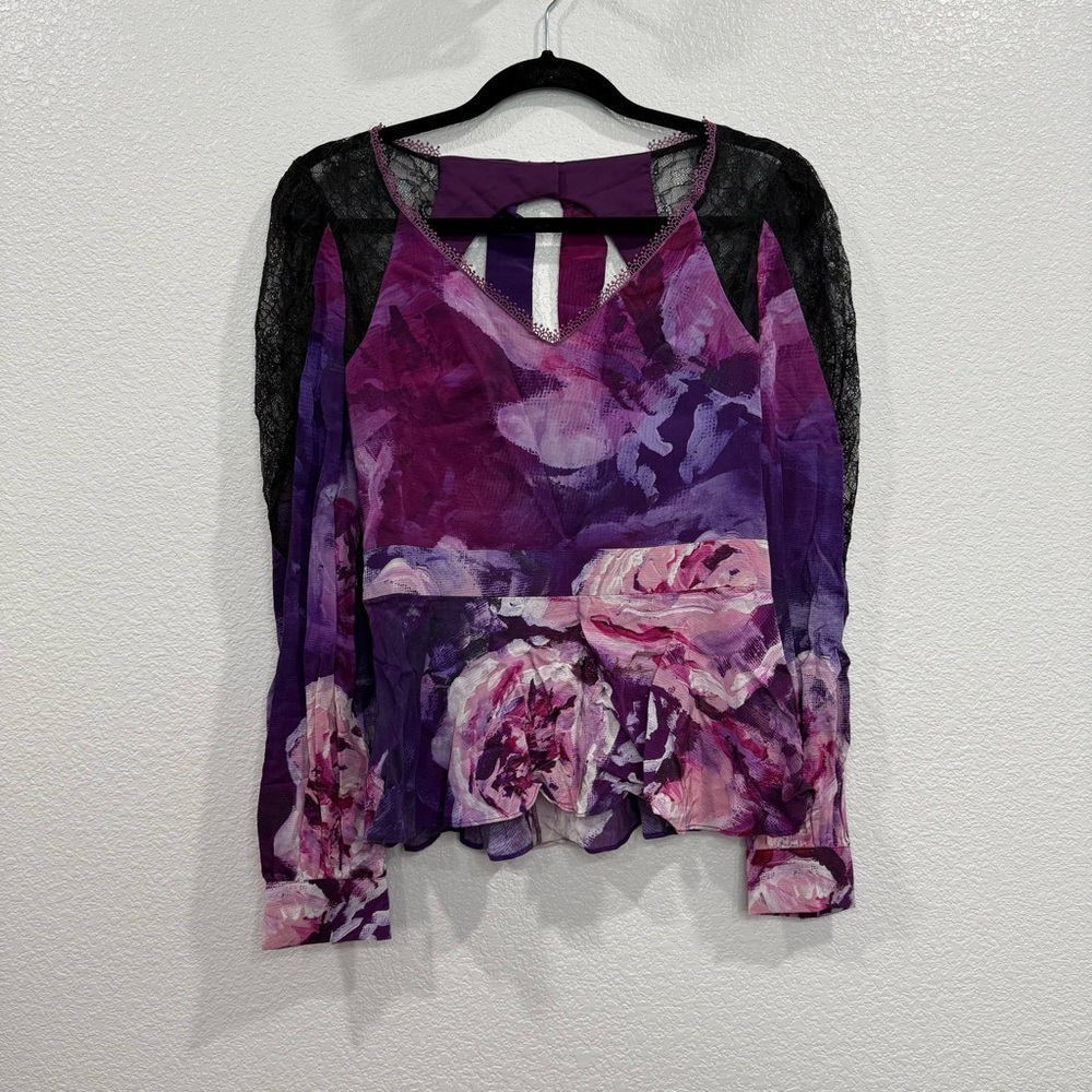NWT Marchesa Notte Floral Bow Back Top Chiffon Long Sleeve V-Neck Blouse 0
